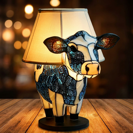 Colorful Cow LED Mosaic Night Light featuring a blue and white design, elegantly illuminated, by Worvane.