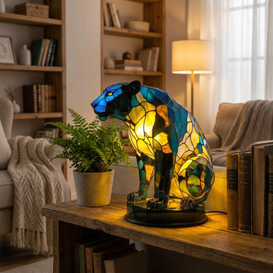 The vibrant Leopard LED Night Light illuminates a cozy living space, showcasing its mosaic design and colorful resin details.