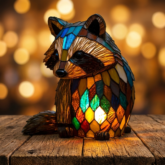 Colorful mosaic Raccoon LED Night Light glowing softly on a wooden surface, perfect for a woodland-themed bedroom by Worvane.