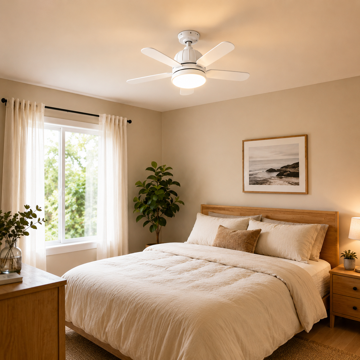 Worvane white socket fan light installed in modern open-plan living room kitchen