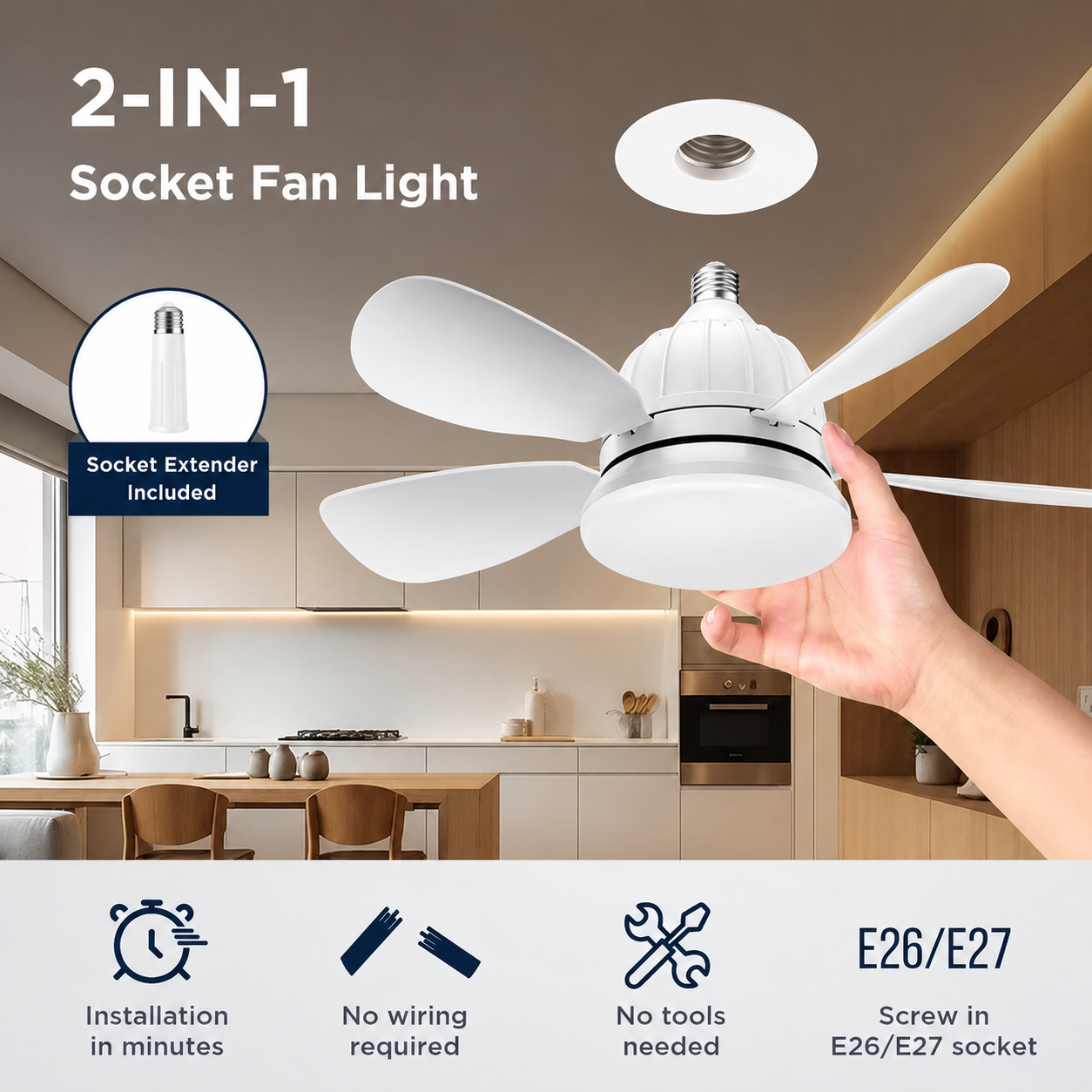 Worvane socket ceiling fan LED light installed in bedroom dimmable 3 color temperatures